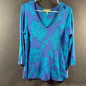 Sigrid Olsen Silk Sweater Floral Beaded V-Neck Blue Teal M coastal luxury boho